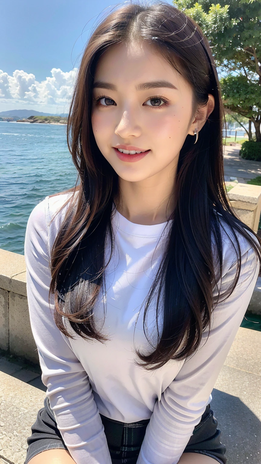 (8k), (best quality: 1.2), (realistic), (realistic: 1.37), ultra high resolution, 1 girl, cute, laugh, closed mouth, beautiful details, beautiful nose, wet hair, red lip,one point piercing,huge two cells, pork, thighs,Self Snap,College student ,sunny day,I can see the sea,sitting on bench,cross one's legs,look down,from above,(Simple dark gray blazer 1),(dark gray pleated skirt),(Dark Blue Bow Tie),(The skirt pattern is a tartan check pattern....:1.3),濡れたthighs,Knee High Tights,(thighsにクローズアップ1.2)