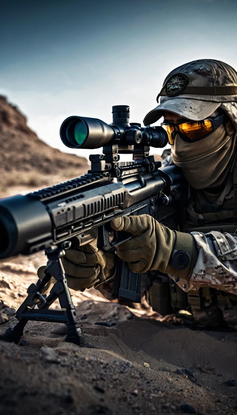 detailed sniper holding a sniper rifle, high contrast, cinematic lighting, gritty, realistic, dramatic, photorealistic, 8k, hyper detailed, intricate details, chiaroscuro, moody, intense, cold colors, dramatic shadows, realistic military gear, tactical gear, military camouflage, military insignia, military patch, American flag, desert environment, sandy terrain, rocky cliffs, dramatic clouds, silhouette, intense focus, scope glare, muzzle flash, ballistic trajectory, shell casings, highly realistic