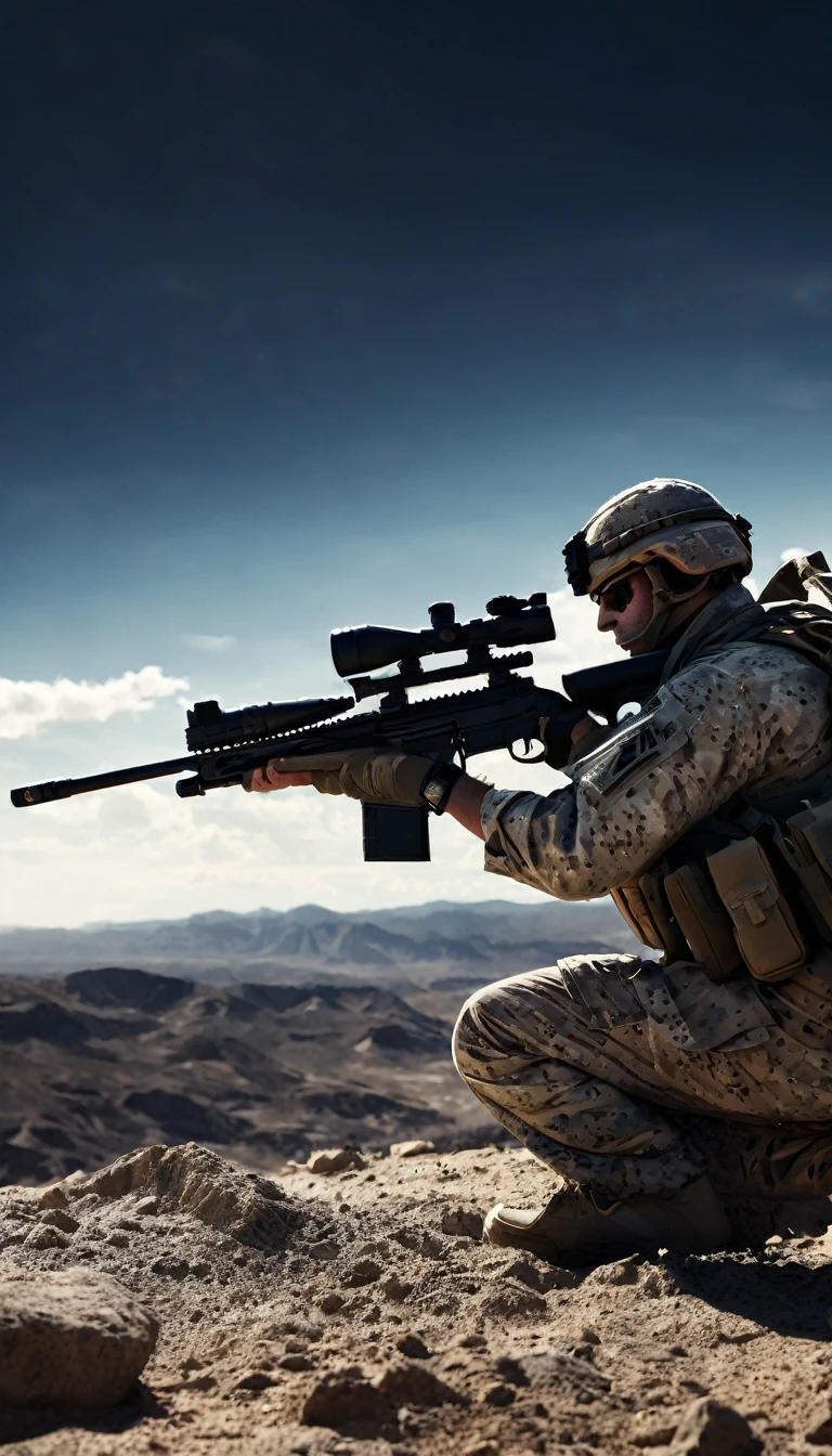 detailed sniper holding a sniper rifle, high contrast, cinematic lighting, gritty, realistic, dramatic, photorealistic, 8k, hyper detailed, intricate details, chiaroscuro, moody, intense, cold colors, dramatic shadows, realistic military gear, tactical gear, military camouflage, military insignia, military patch, American flag, desert environment, sandy terrain, rocky cliffs, dramatic clouds, silhouette, intense focus, scope glare, muzzle flash, ballistic trajectory, shell casings, highly realistic