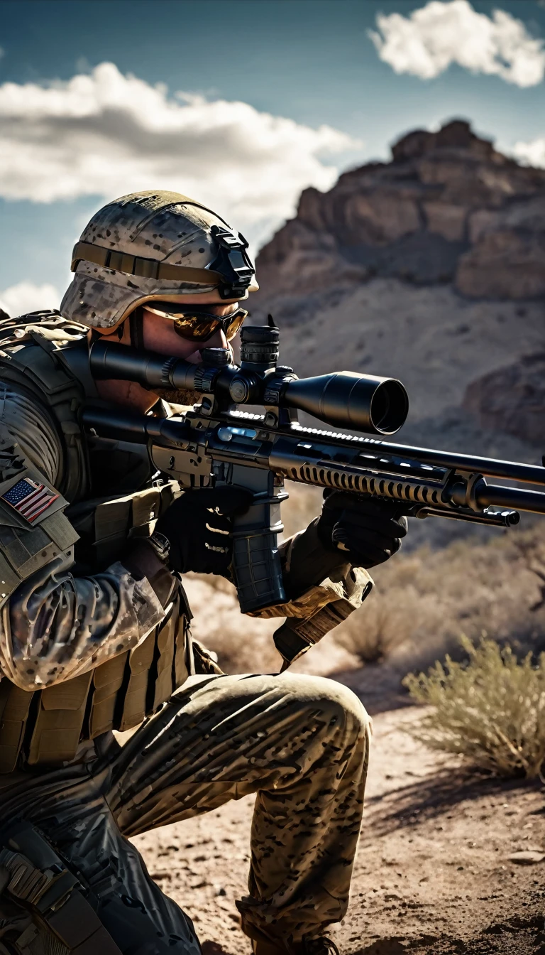 detailed sniper holding a sniper rifle, high contrast, cinematic lighting, gritty, realistic, dramatic, photorealistic, 8k, hyper detailed, intricate details, chiaroscuro, moody, intense, cold colors, dramatic shadows, realistic military gear, tactical gear, military camouflage, military insignia, military patch, American flag, desert environment, sandy terrain, rocky cliffs, dramatic clouds, silhouette, intense focus, scope glare, muzzle flash, ballistic trajectory, shell casings, highly realistic