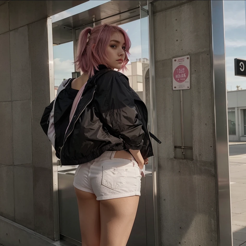 girl, 21 years old, short shoulder-length hair, pink hair color, tight white shorts, jacket
