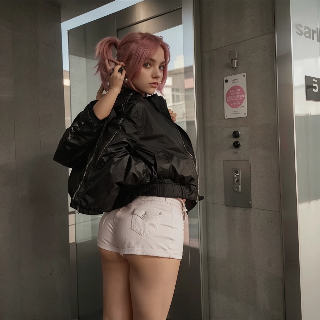 girl, 21 years old, short shoulder-length hair, pink hair color, tight white shorts, jacket