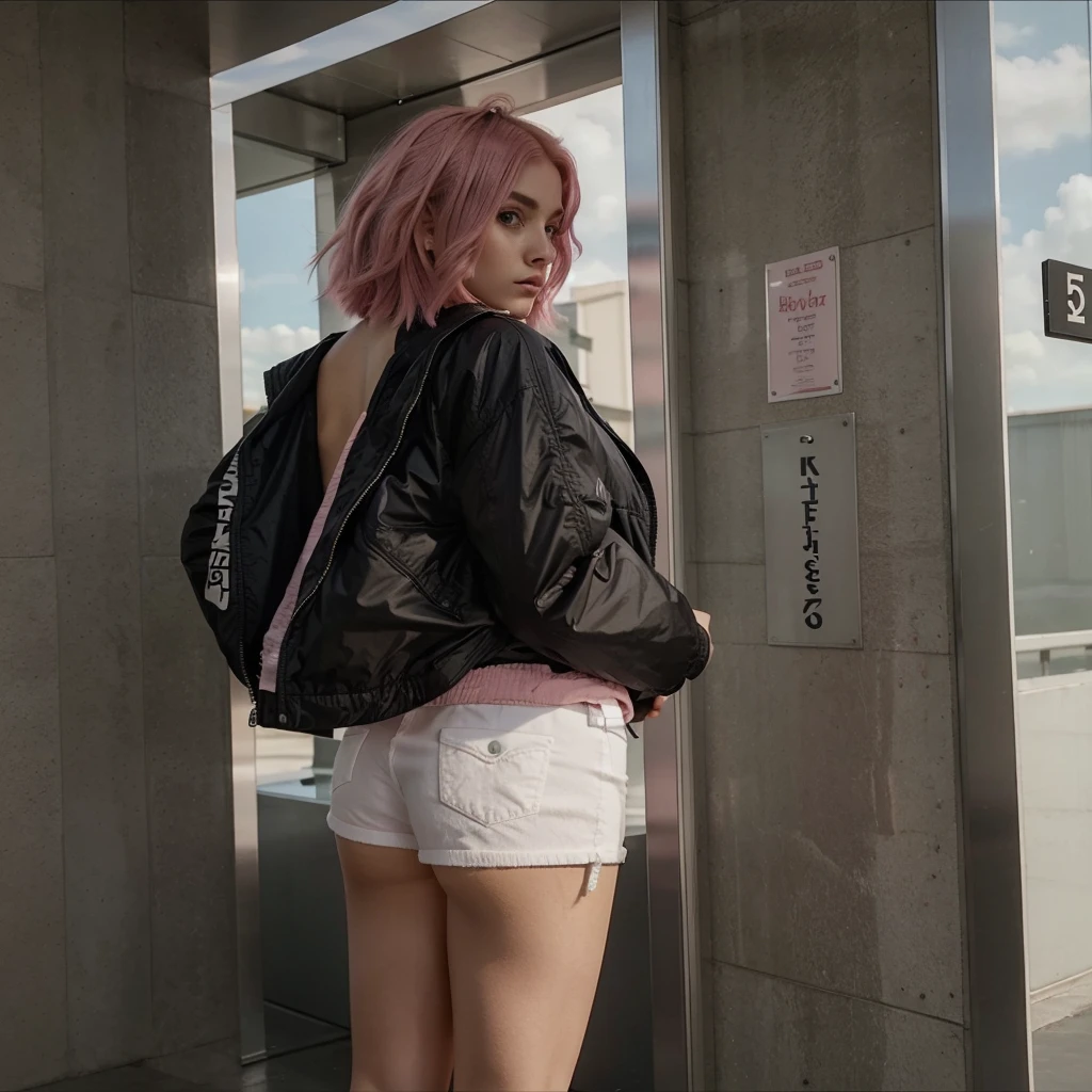 girl, 21 years old, short shoulder-length hair, pink hair color, tight white shorts, jacket
