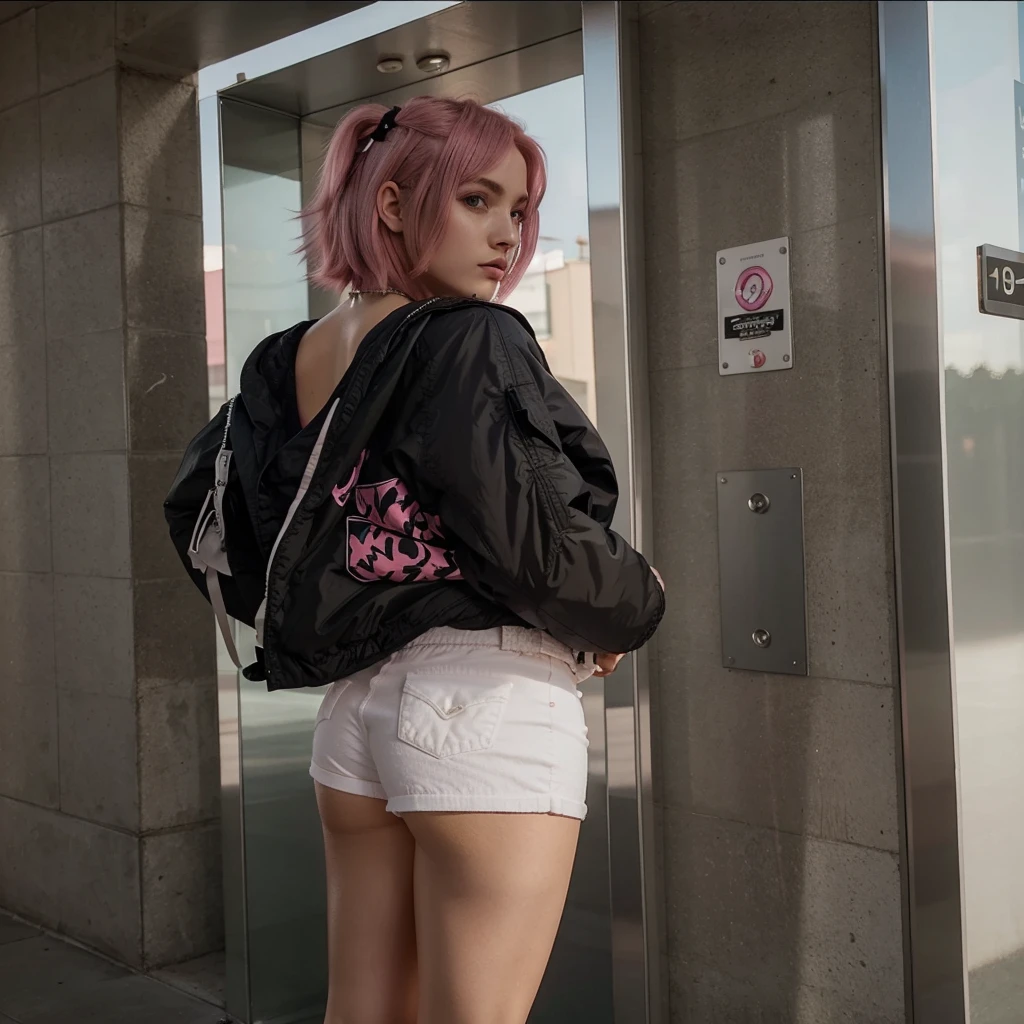 girl, 21 years old, short shoulder-length hair, pink hair color, tight white shorts, jacket