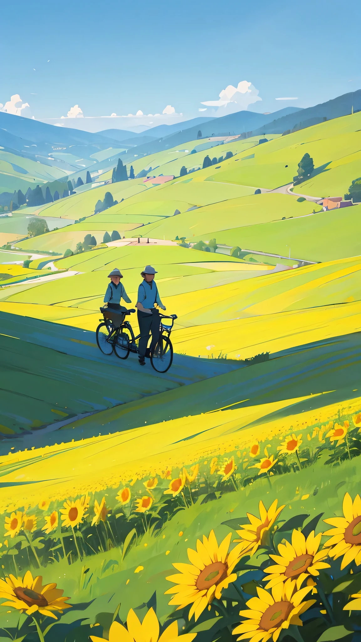 Create an image of two people on a sunny day with a clear blue sky., standing in a vibrant green field. An individual holds a bicycle., and both are surrounded by tall sunflowers. In the background, There are hills leading to mountains in the distance.