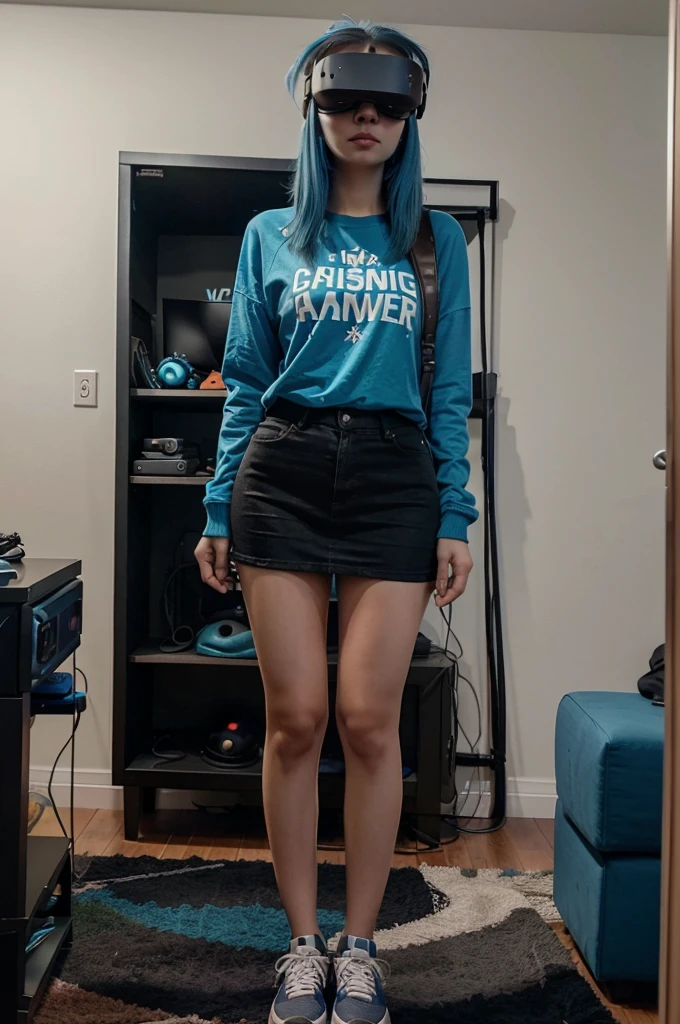 A full-body image of a slim woman with glasses, dyed blue hair, and a look of amazement. She is wearing a VR headset and holding VR controllers, dressed in casual attire. She stands in a living room set up for VR gaming, with sensors and an open play space.