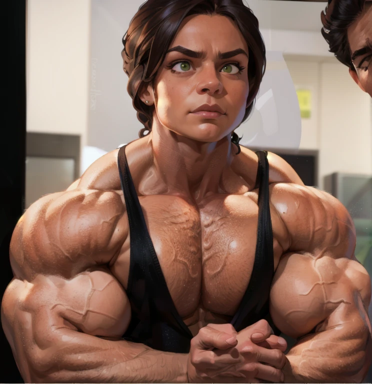 (masterpiece:1.2), (best quality), (ultra detailed), (8k, 4k, intricate),(full-body-shot:1), (highly detailed:1.2),(detailed face:1.2), (detailed background), muscle woman with dark hair, woman with huge muscles, mature woman, stern expression, green eyes