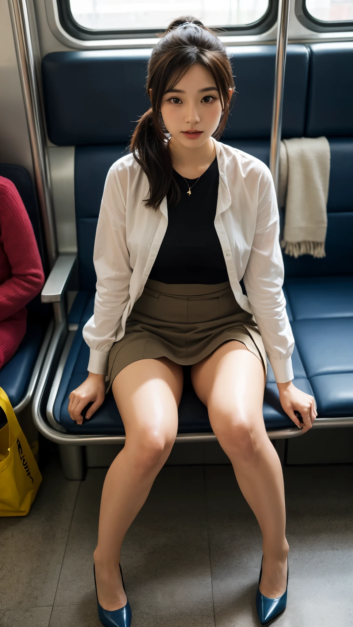 Actual photo、Highest im年 quality、Beautiful woman、Beautiful thighs、Beautiful Face、Uniform Ponytail、Yuriko Yoshitaka、Japanese women、pretty girl、skirt、Beautiful thighs、pumps、Inside the train、Sit in your seat、Front seat、I can see her panties、