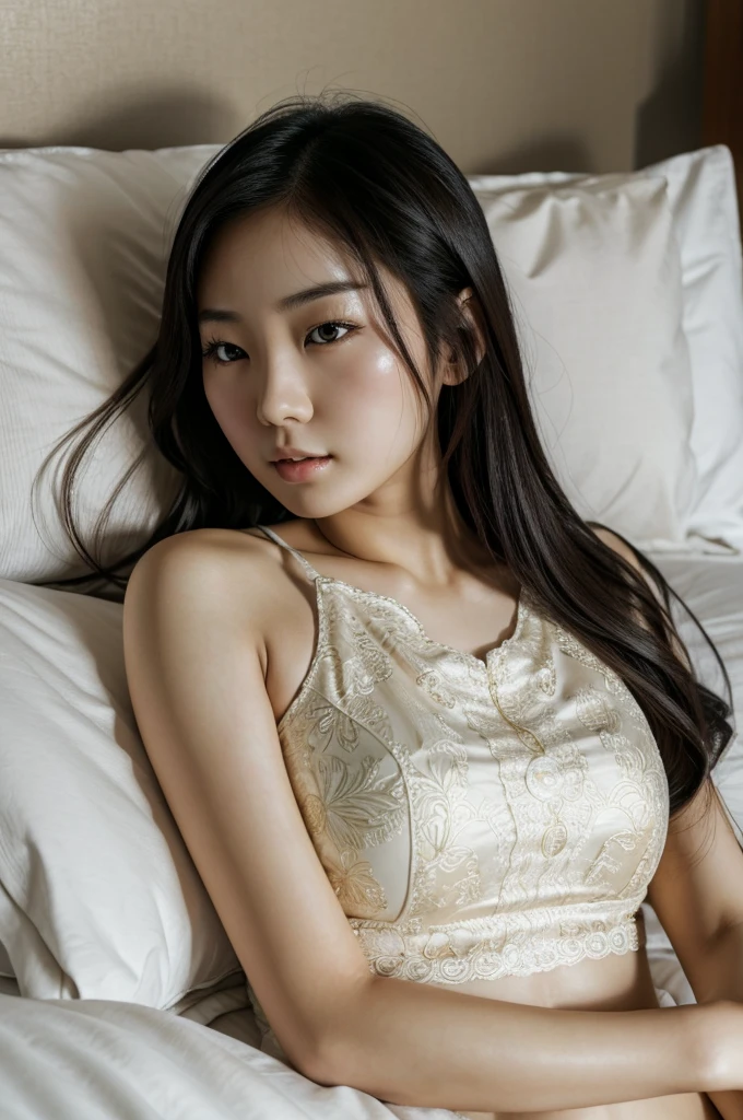 lying on a bed, Asian girl, beautiful asian girl, asian face, asian features, una Asian woman, Asian woman, Asian woman, hermosa Asian woman, Asian woman, beautiful south korean woman, korean girl, hyper detailed asian, 18 years, detailed face of an asian girl, asian, half asian