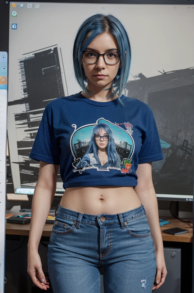 A full-body image of a slim woman with glasses, dyed blue hair, and a creative flair. She is dressed in a casual outfit with a graphic tee and jeans. She stands at a desk with a digital drawing tablet, creating artwork. The background shows a studio with art supplies and digital screens.