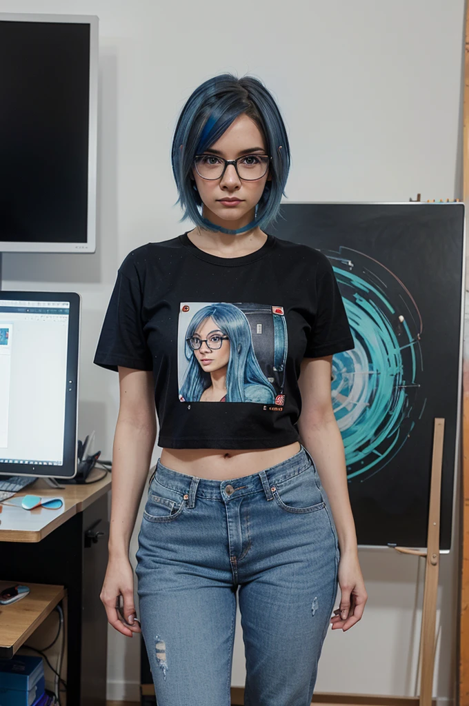 A full-body image of a slim woman with glasses, dyed blue hair, and a creative flair. She is dressed in a casual outfit with a graphic tee and jeans. She stands at a desk with a digital drawing tablet, creating artwork. The background shows a studio with art supplies and digital screens.