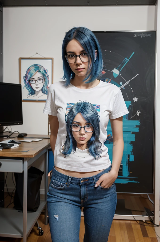 A full-body image of a slim woman with glasses, dyed blue hair, and a creative flair. She is dressed in a casual outfit with a graphic tee and jeans. She stands at a desk with a digital drawing tablet, creating artwork. The background shows a studio with art supplies and digital screens.