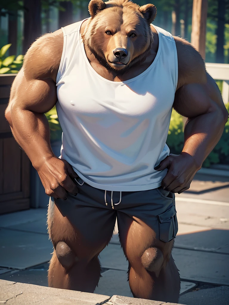 a grizzly bear, detailed realistic bear,bear wearing a plain white t-shirt, bear wearing blue cargo shorts, bear standing upright,bear in natural environment,highly detailed bear fur,realistic textures,photorealistic,detailed facial features,sharp focus,cinematic lighting,vibrant colors,award winning digital art