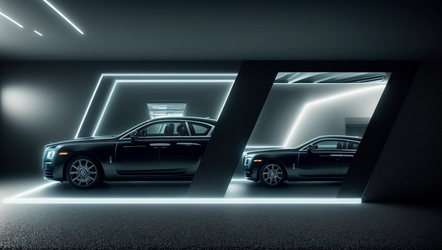 exbihition roll-royce car space, shimmering monochromatic light, (Masterpiece,best quality,8k uhd,dslr,soft lighting,high quality,hyper detail,film grain,Fujifilm XT3, UE 5 render 8k, super high resolution, supper detail:1.2, dynamic lighting, cyber light, magic neon light), glossy floor