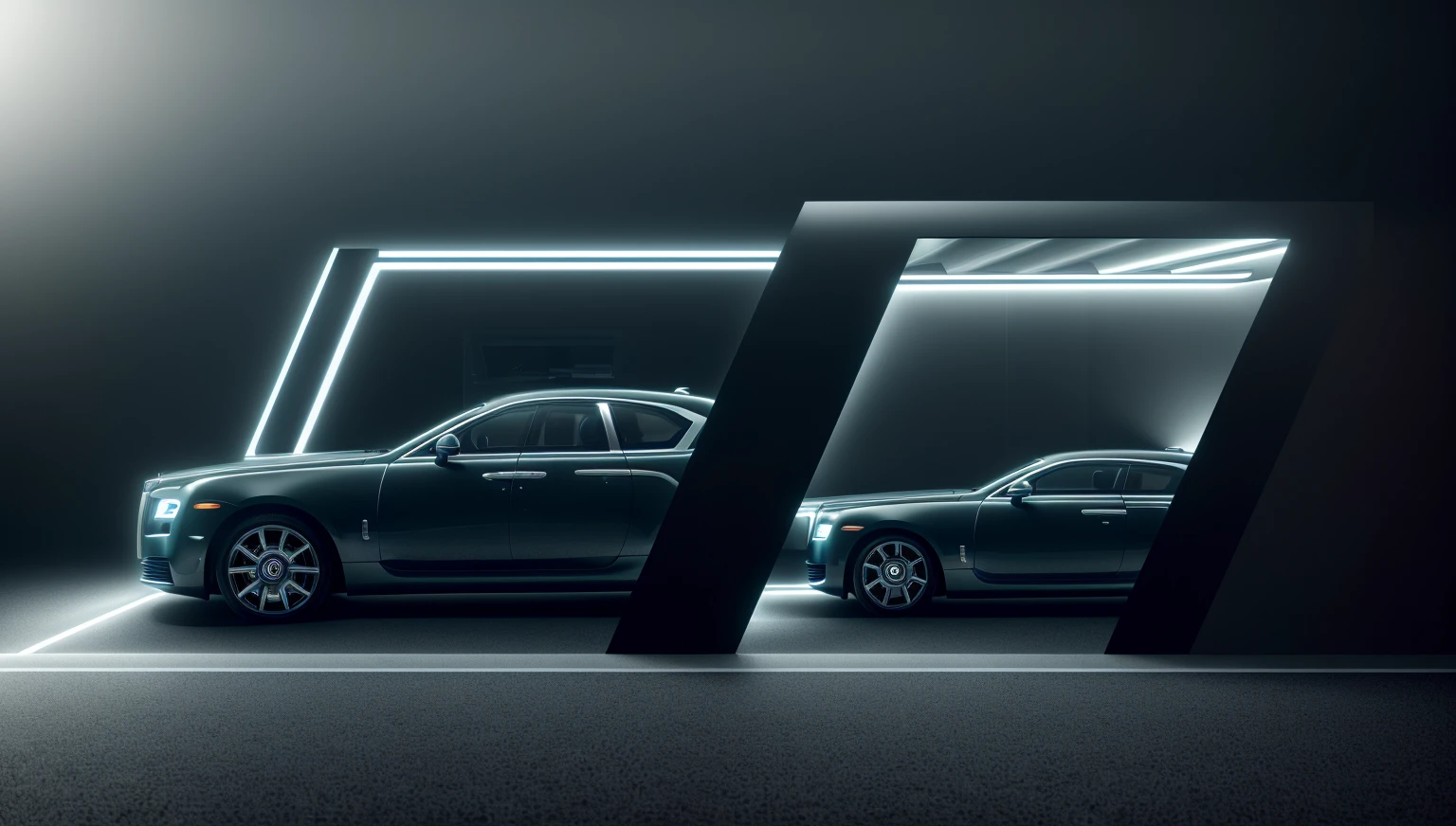 exbihition roll-royce car space, shimmering monochromatic light, (Masterpiece,best quality,8k uhd,dslr,soft lighting,high quality,hyper detail,film grain,Fujifilm XT3, UE 5 render 8k, super high resolution, supper detail:1.2, dynamic lighting, cyber light, magic neon light), glossy floor