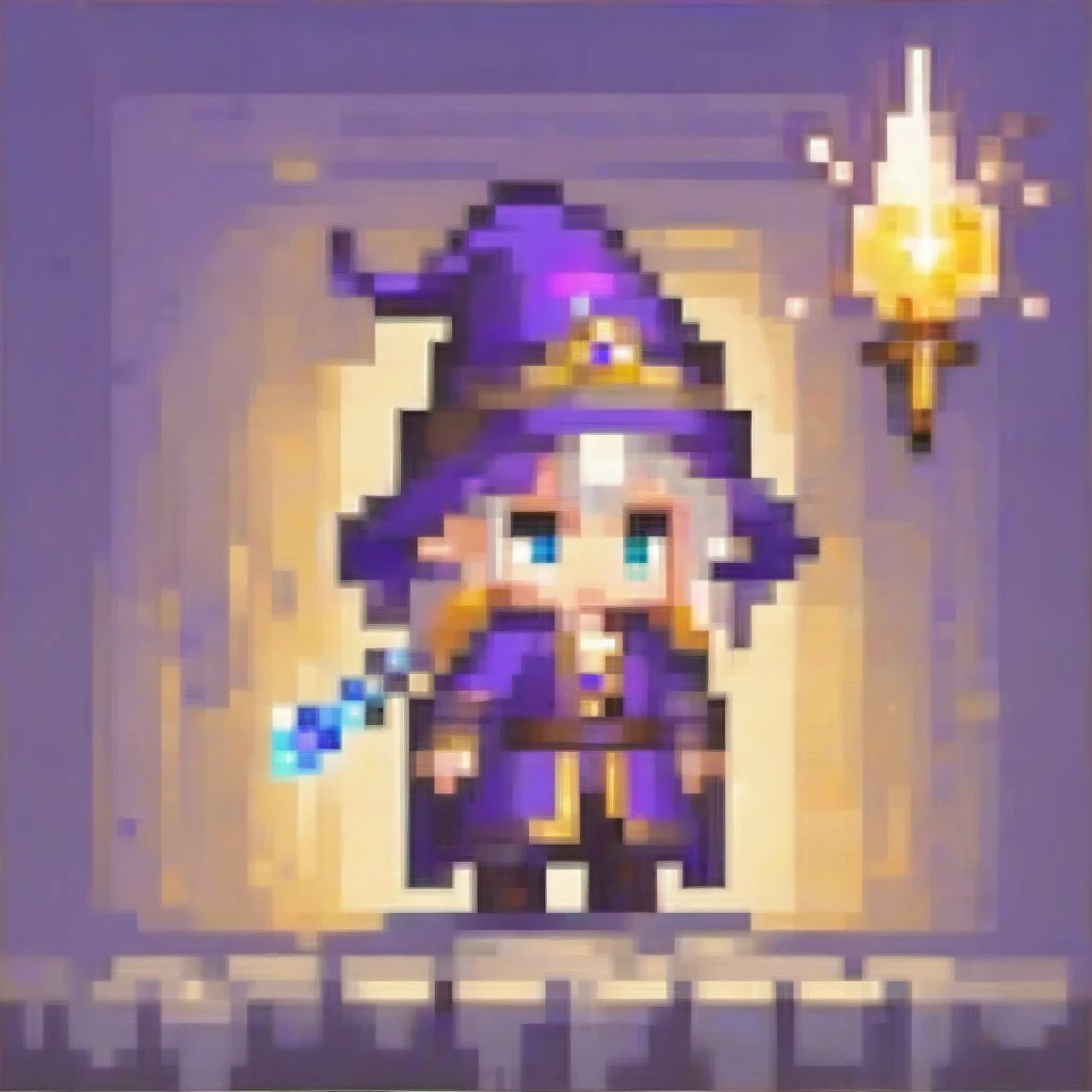 A chibi female character in a vibrant purple and gold mage outfit from a fantasy RPG, holding a crystal staff. She has elven ears and fairy wings, with glowing sapphire eyes and small antler-like horns. The staff emits a glowing water effect, and she is casting a spell in a dynamic pose. The artwork features cinematic lighting and moody colors, in a digital art, concept art style.