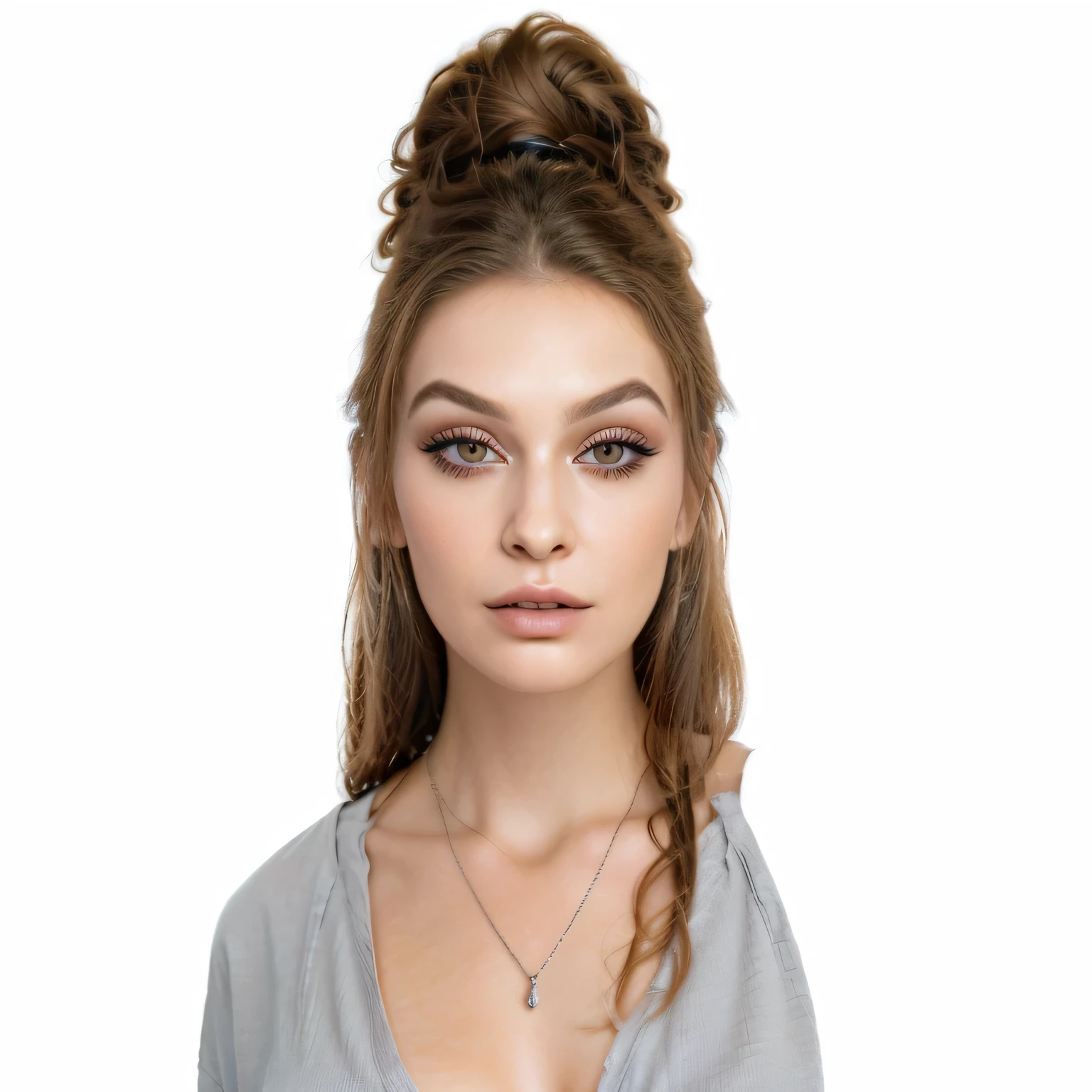 a woman with a gray shirt and a necklace on her neck, sexy face with full makeup, with professional makeup, in professional makeup, professional makeup, sultry look, thick fancy makeup, wearing professional makeup, headshot profile picture, professional picture, full face portrait, full face close up portrait, richly defined face, professional shading, detailed flawless face, heavy makeup