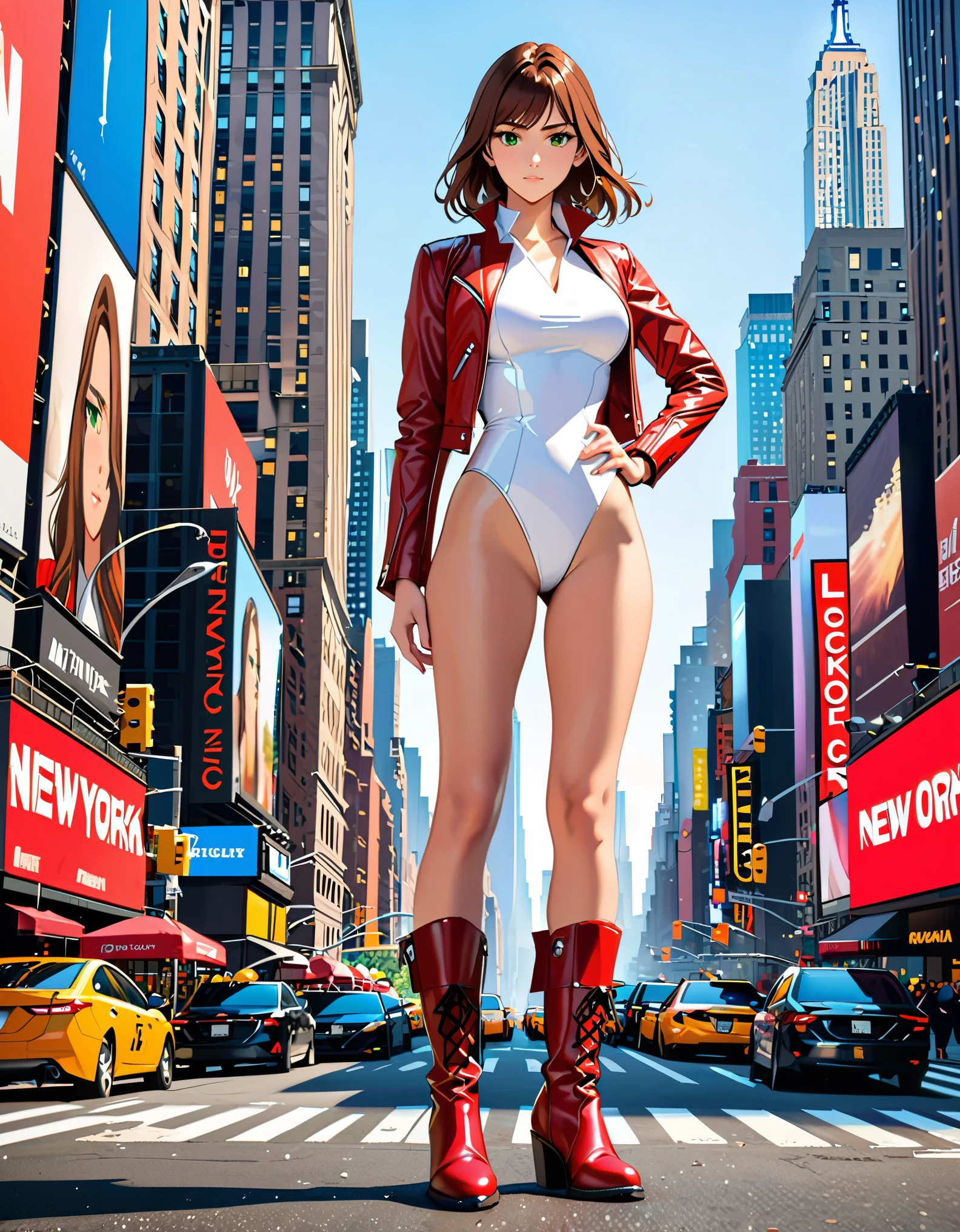 (masterpiece), (best quality), (high res), 1lady, tall body, beautiful detailed eyes, beautiful detailed face, serious, perfect hands, complete fingers, perfect anatomy, perfect proportions, ((brown hair, medium hair, hair down)), ((green eyes)), ((leotard, white leotard, matching leotard)), ((white dress collar, open collar)), ((bare legs)), ((boots, matching boots, ankle-high boots, red boots)), breasts, medium breasts, (full body portrait), looking at viewer, (solo, solo focus), standing, one hand on hip, cowboy shot, new york backdrop, ((back view, rear view)), ((red leather jacket, open jacket)), full body costume design.