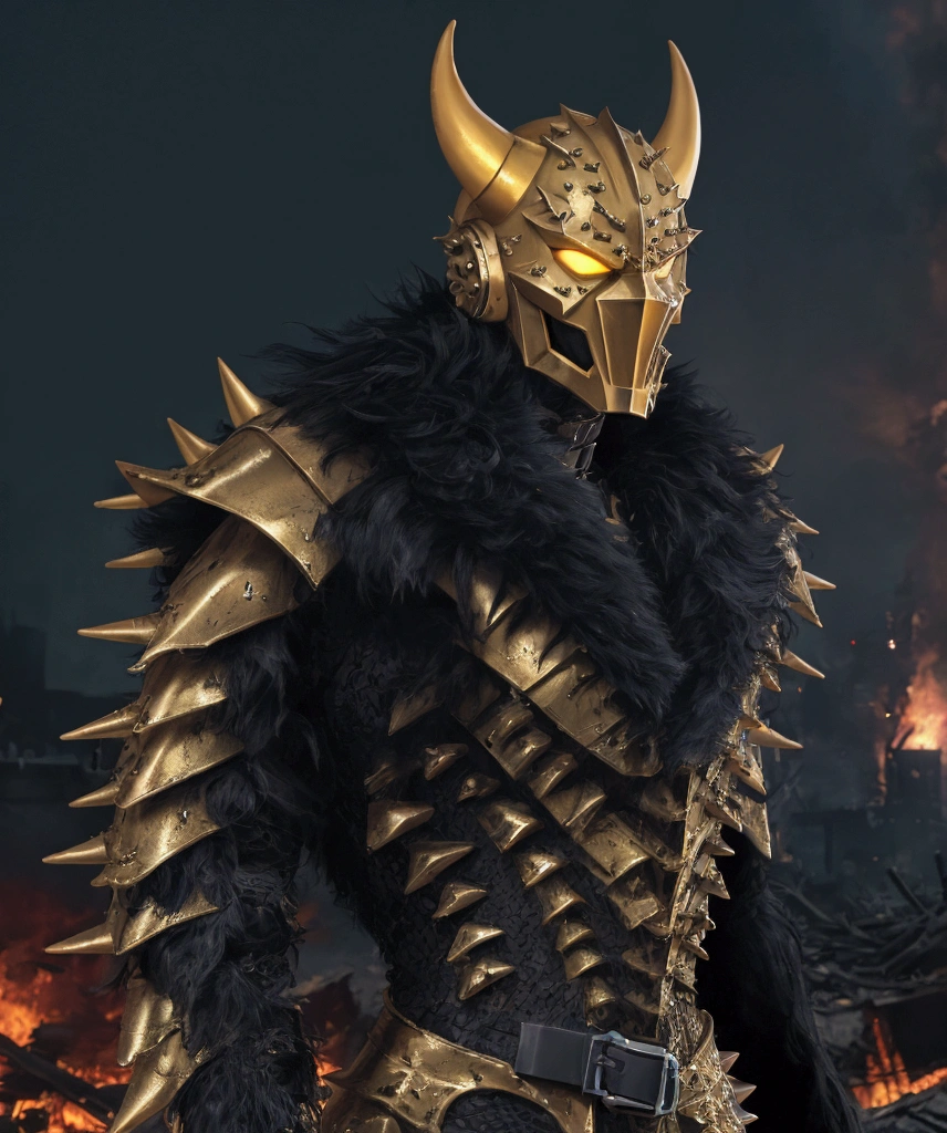 (extremely detailed 8k wallpaper), a medium shot photo of Grim dressed as a scary masked metallic yellow furry-supervillain in a metallic yellow spiked armour made of fur glowing armour with spikes from marvel, theme, intricate, high detail, dramatic, destroyed burning buildings in the background