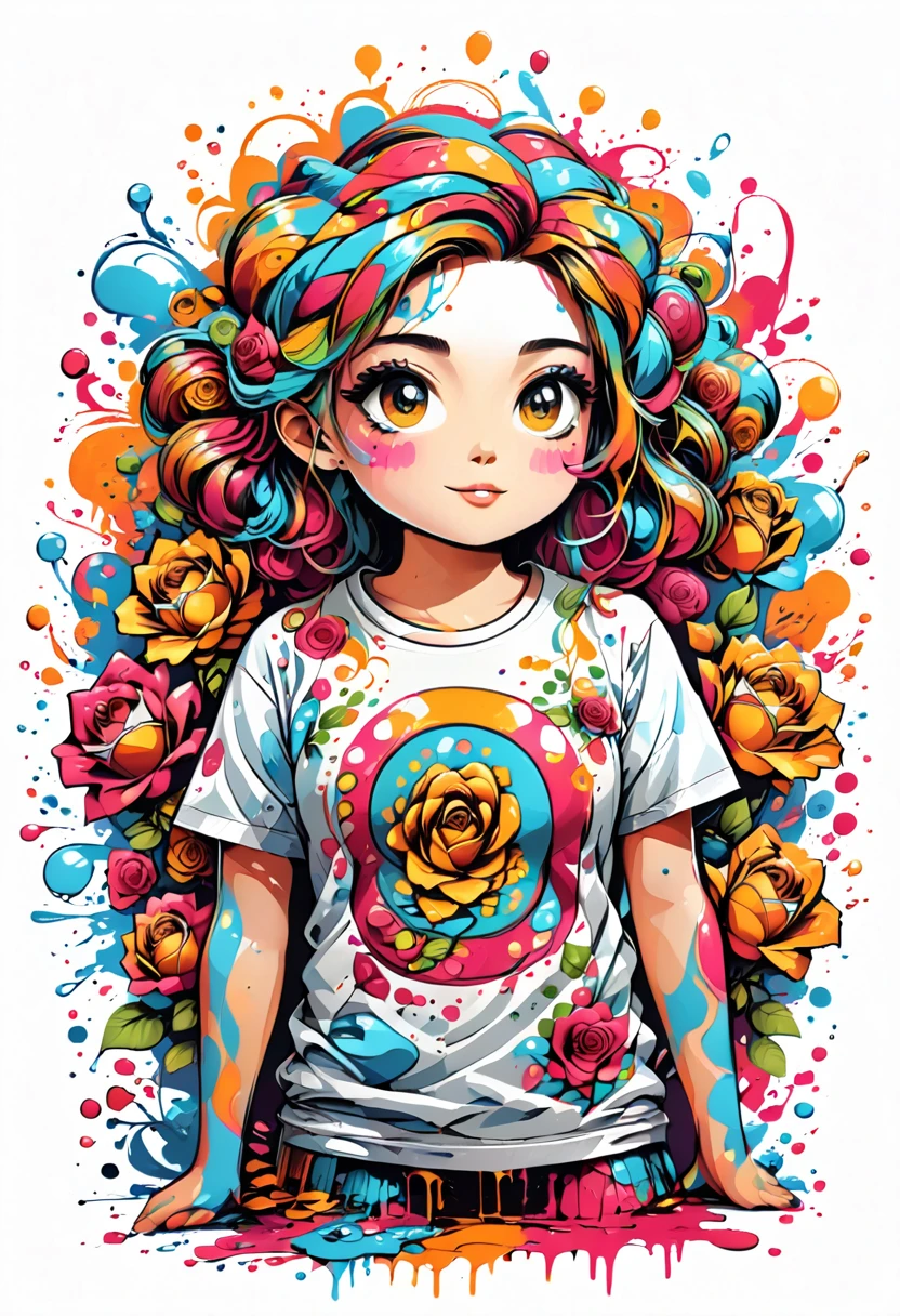 Designer t-shirt with colorful illustration with many roses, At the center, swirly vibrant colors, paint splashes and smears, high detail t-shirt design, White background 
