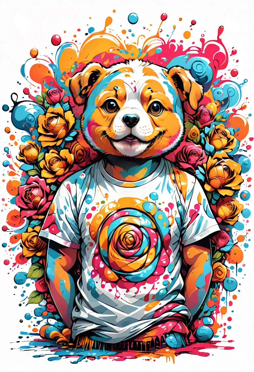 Designer t-shirt with colorful illustration with many roses, At the center, swirly vibrant colors, paint splashes and smears, high detail t-shirt design, White background 
