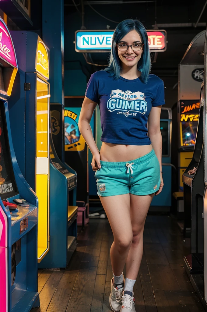 A full-body image of a slim woman with glasses, dyed blue hair, and a nostalgic smile. She is wearing a vintage gamer tee, shorts, and sneakers. She stands in a retro arcade, playing on an old-school arcade machine, with neon lights and arcade games in the background