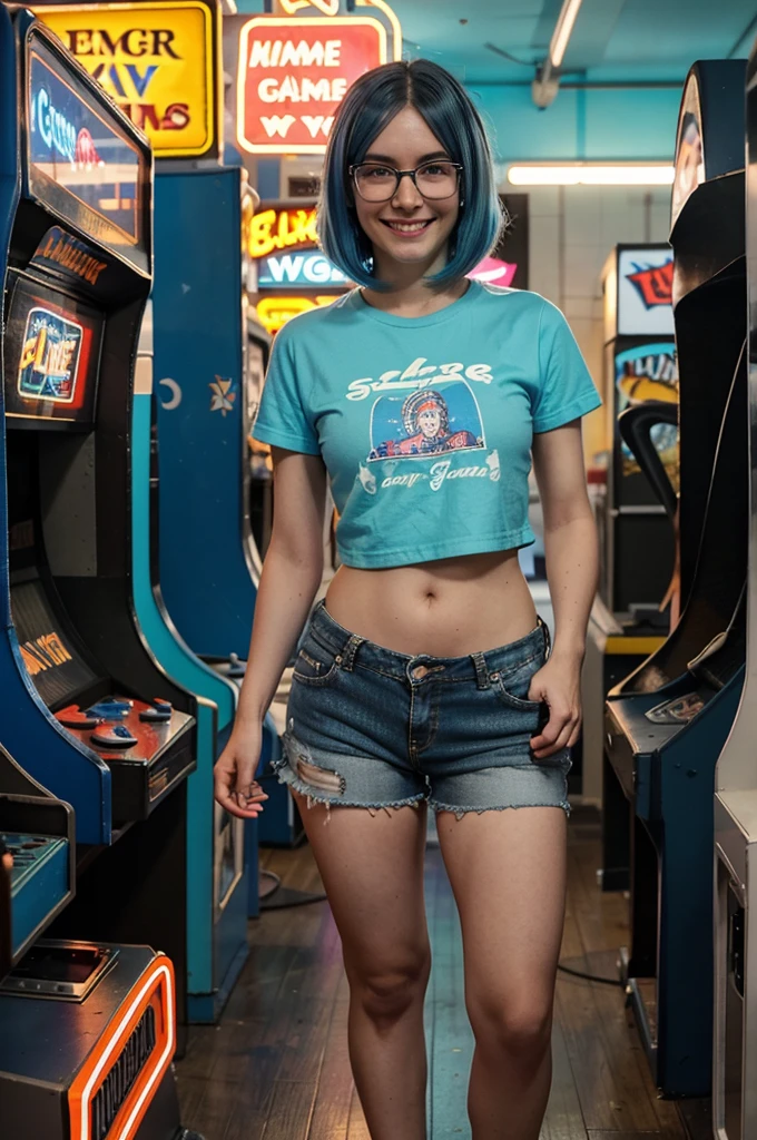 A full-body image of a slim woman with glasses, dyed blue hair, and a nostalgic smile. She is wearing a vintage gamer tee, shorts, and sneakers. She stands in a retro arcade, playing on an old-school arcade machine, with neon lights and arcade games in the background
