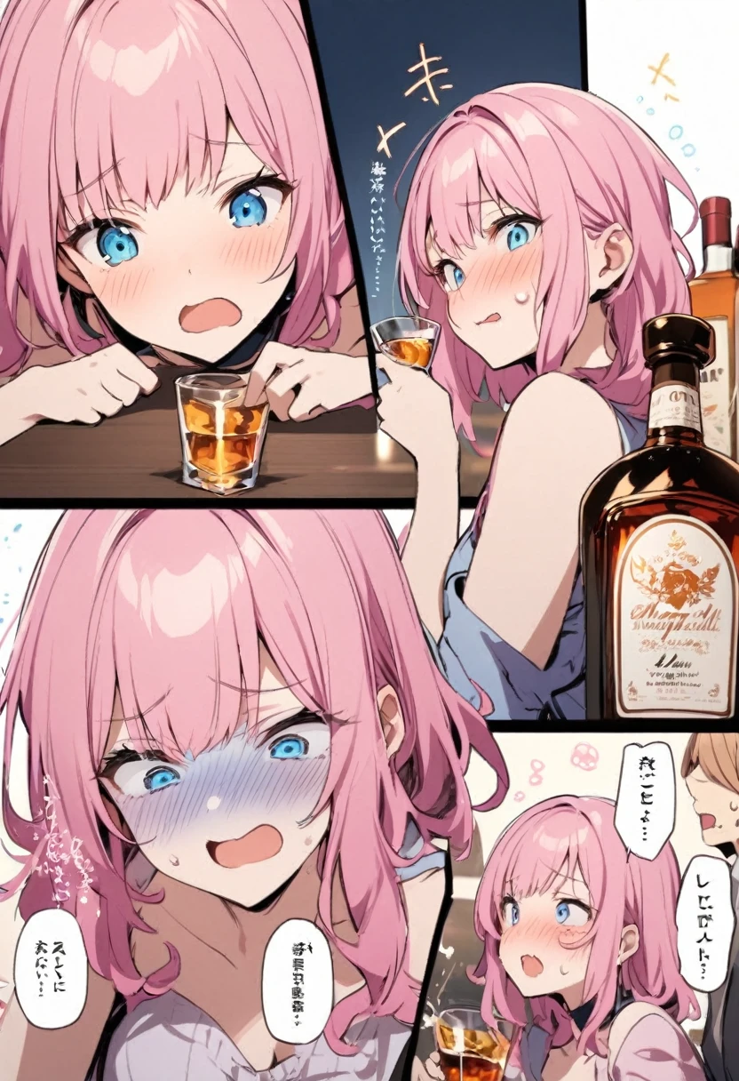 Drunk、liquor、Pink haired woman、blue eyes
