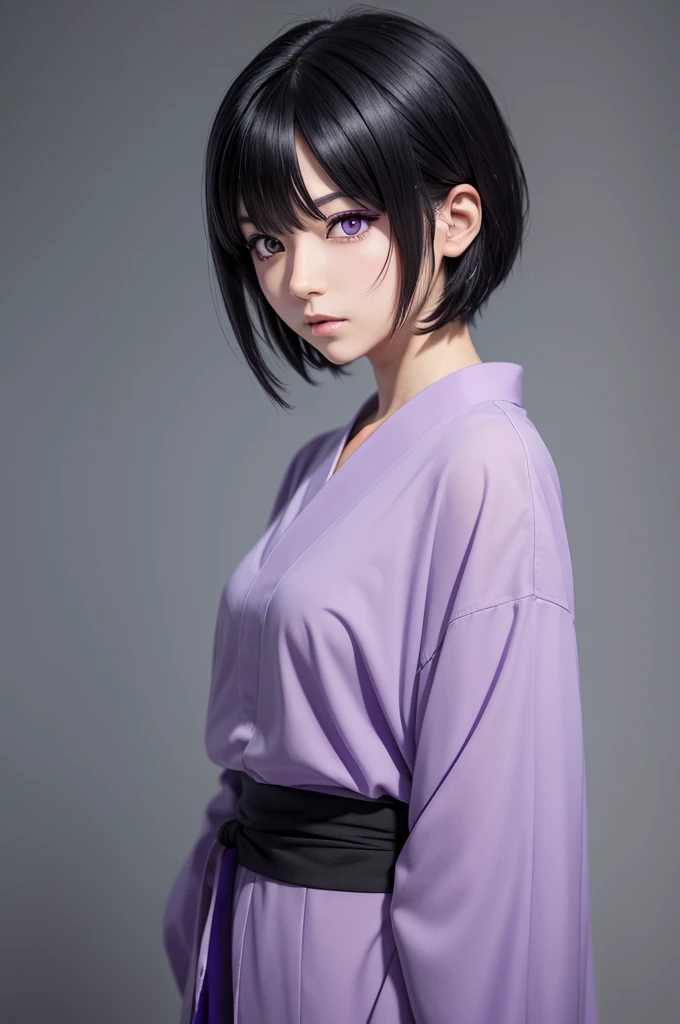 A Japanese anime animation style character, with short black hair and purple eyes without realism