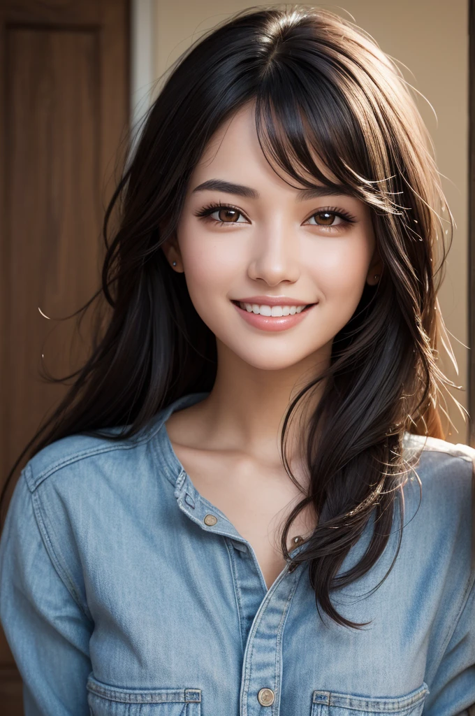 A woman with brown eyes, American, black hair with high texture, high quality, high definition, maximum realism, looking directly at the viewer with a charming smile