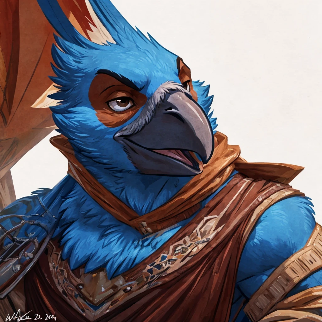 anthro ((male)) macaw, ((macaw)) 4k, high resolution, best quality, posted on e621, solo, anthro body, male, adult, correct anatomy, (white background), (by wfa:1), (by Taran Fiddler:0.5), young, (cel shaded, cartoony shading:1.2), black lineart, black outline, flat coloring, (strong shadows, dark shadows:1.2), dynamic pose, ((face close up)), (portrait)