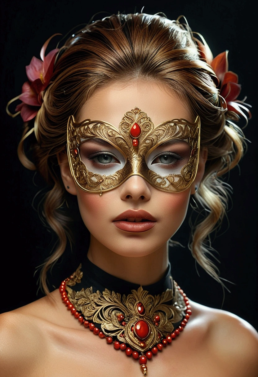 A beautiful woman with mask, two pure diabetics, densely durable, necklace and stylishly jewelry, (the best quality, 4K, 8k, highlights, masterpiece: 1.2), very detailed, (realistic, realistic, realistic pictures: 1.37), 1 girl, beautiful detailed eyes, beautiful, free, fluorides, black felt, hair flexible, high quality, hairdressers, dark hair, dark, lighting, lighting, high quality film, highlighting, high-end filming, style of sound, style of vogue, dark colors, mask colors, gums, rich colors,