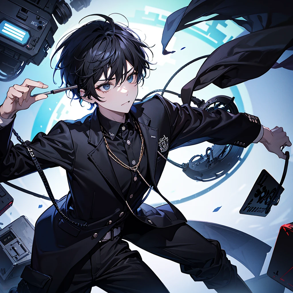 logo of boy playing fun game with hammer as controller wearing glass and black hair