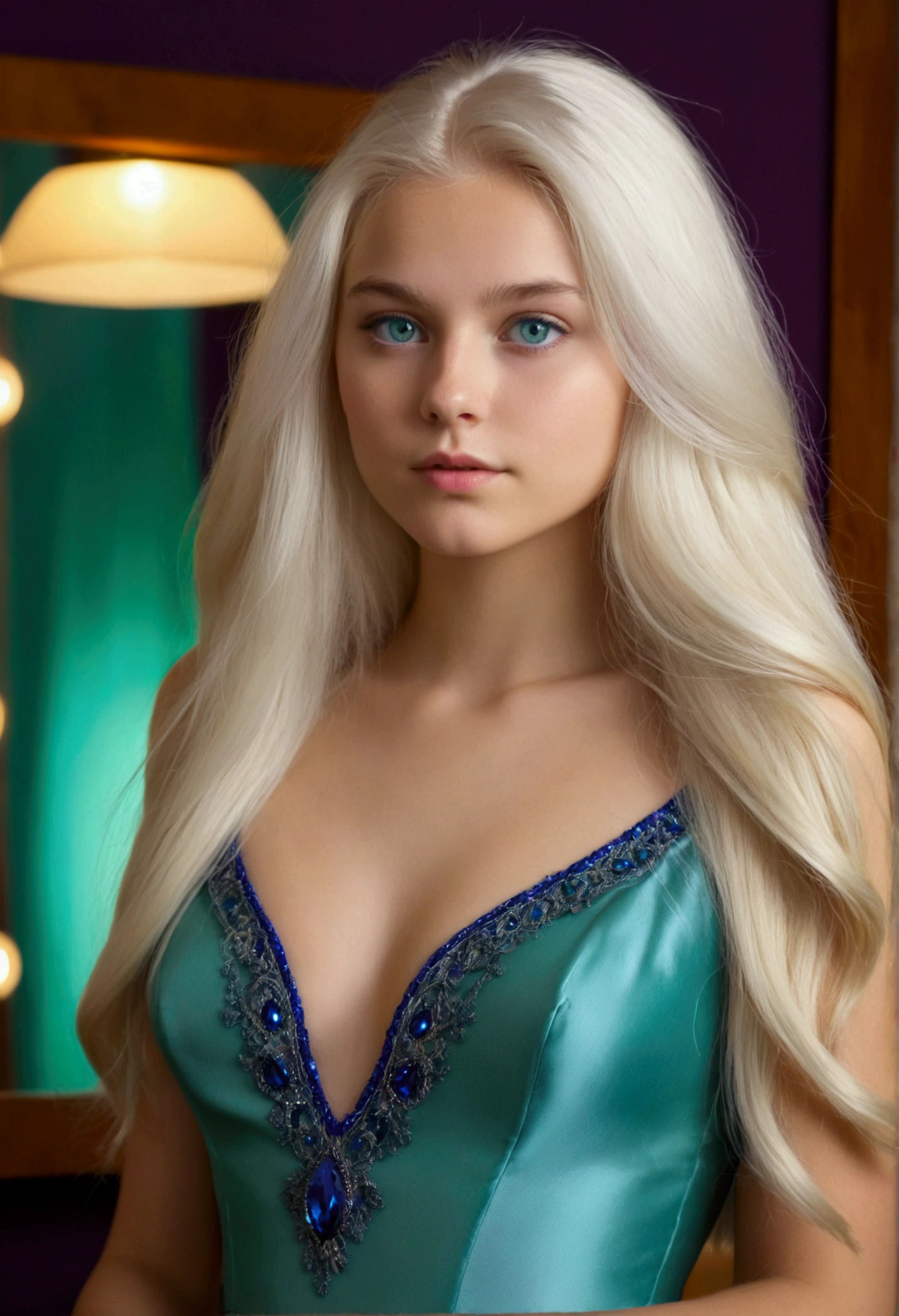best texture, high quality, Ultra HD, 8k, dress up. A photorealistic portrait of a 20 year old Norwegian girl with long flowing white hair and blue-green eyes. It should have a natural expression. The background should be in a room with purple leds in front of a mirror. Capture this image with a high resolution photograph using an 85mm lens for a more flattering image.