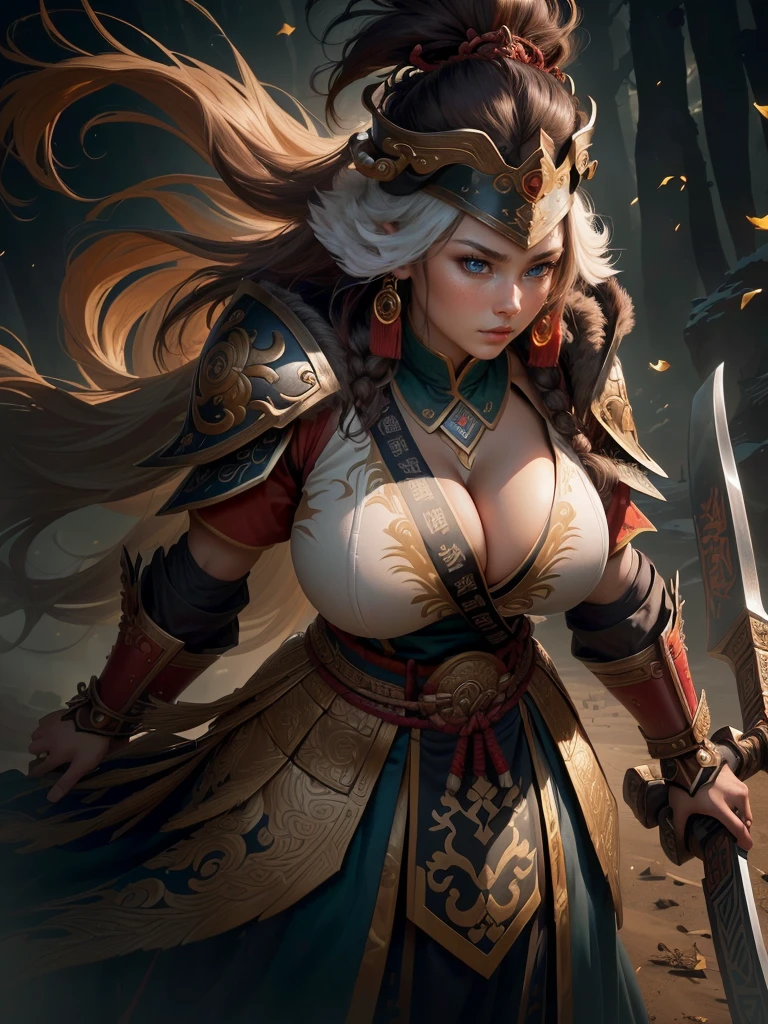 a woman with a large axe and a feathered head, inspired by Hu Zaobin, berserker potrait, guan yu, bian lian, sun wukong, mongol, inspired by Huang Shen, inspired by Li Gonglin, tai warlord, inspired by Wu Bin, wukong, inspired by Li Kan, naranbaatar ganbold, Highly detailed CG unit 8k wallpaper, masterpiece, High resolution, highest quality, highest quality real texture skin, Super Real, Digital Painting, Best image quality, 最High resolution, 8k, ((Highly detailed eyes and face, Beautiful eyes every detail)), 1girl, Full Body Shot, Saggy breasts, Gravity-dependent breasts, long chest, Heavy chest, disproportionate breasts, huge breasts, sagging breasts, gigantic breasts, (erect nipple), Cleavage cut out, (Look away, Gazing into the distance),