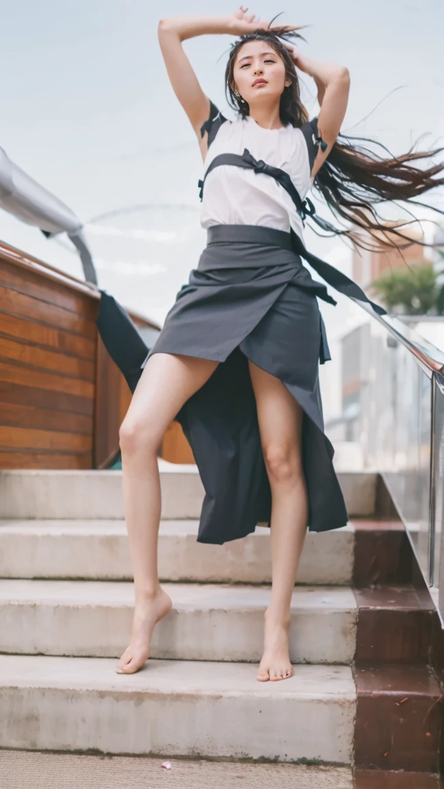 ((Extremely precise and accurate anatomy)), (masterpiece:1.43), Perfect balance, Realistic photos, ((Viewing angle from below、Highest quality、masterpiece、32k、Every detail counts、(Realistic:1.5), (Real Skin:1.5), One girl,))、Go down the stairs at the station、commute、whole body、Tank top with loose chest、Leaning forward、(((A strong wind blows her hair and skirt:1.62)))、One Girl、(((The shoulder strap of the bag can be worn diagonally across the body:1.4、No underwear:1.22、Big Breasts、barefoot)))、