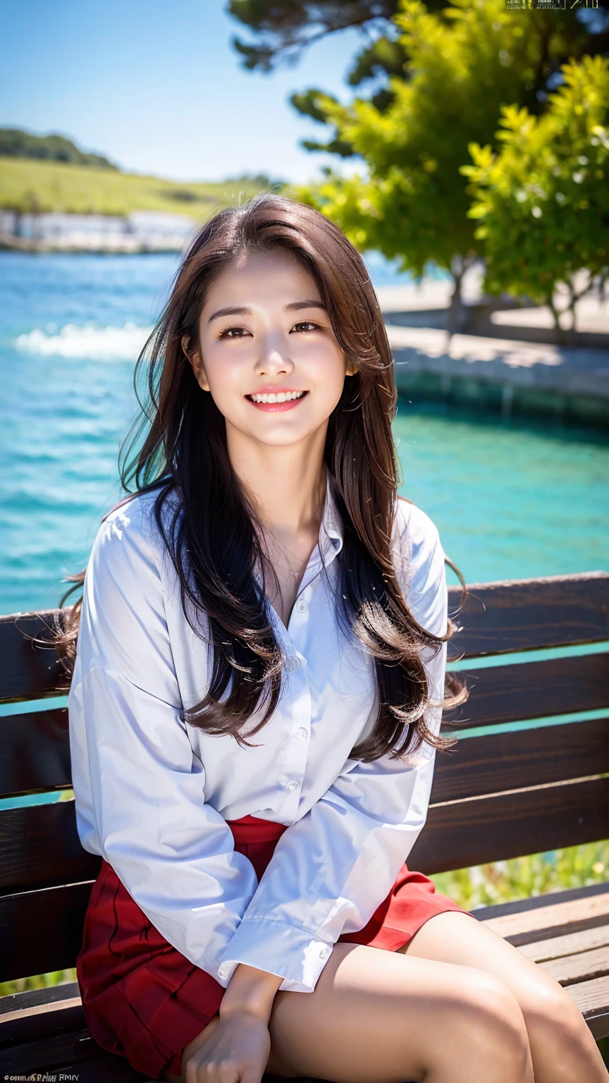 (8k), (best quality: 1.2), (realistic), (realistic: 1.37), ultra high resolution, 1 girl, cute, laugh, closed mouth, beautiful details, beautiful nose, wet hair, red lip,one point piercing,huge two cells, pork, thighs,Self Snap,College student ,sunny day,I can see the sea,sitting on bench,cross one's legs,look down,from above,(Simple dark gray blazer 1),(dark gray pleated skirt),(Dark Blue Bow Tie),(The skirt pattern is a tartan check pattern....:1.3),濡れたthighs,Knee High Tights,(thighsにクローズアップ1.2)