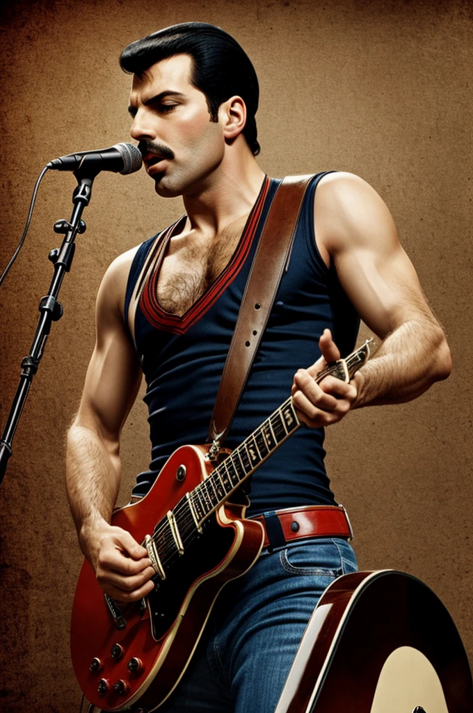 Create a realistic and vintage background of Freddie Mercury with a guitar