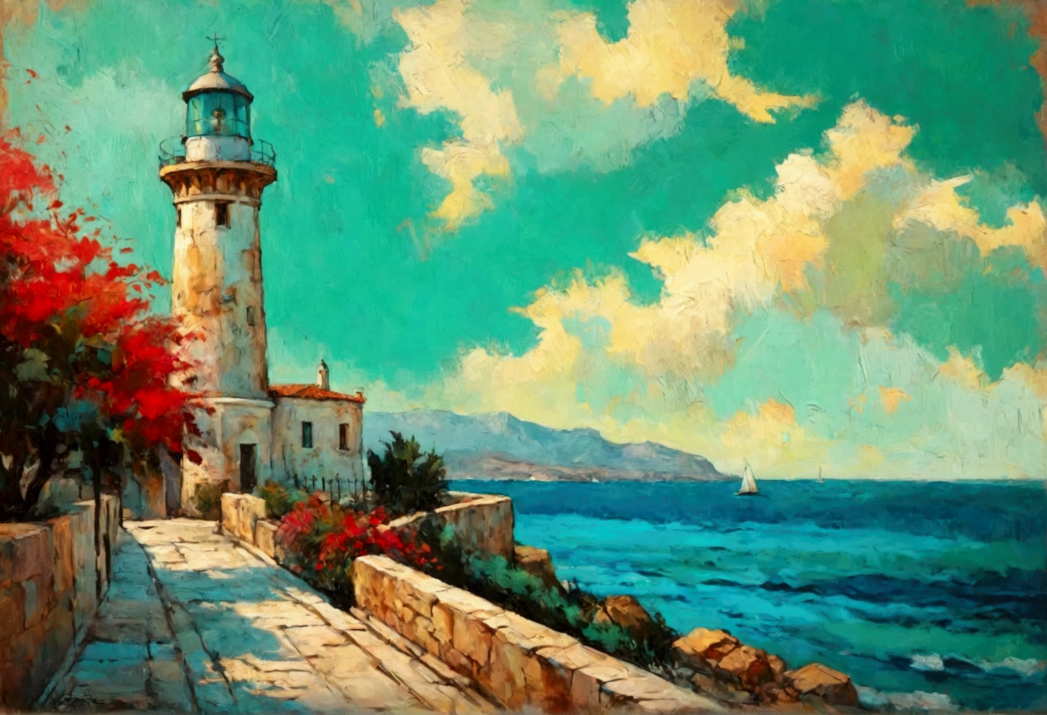 a thick textured oil painting, impasto brushstrokes, dry brushing,revealing underlayers, breathtaking composition, Create an art deco inspired illustration of A scenic lighthouse Chania Lighthouse (Greece), overlooking the turquoise waters of sunset. Include vibrant pastel colors, sleek lines, and a retro summer atmosphere. The style should be reminiscent of vintage travel posters with a modern twist,  breathtaking composition, wall art decor, Chania Lighthouse (Greece), Chania Lighthouse (Greece)