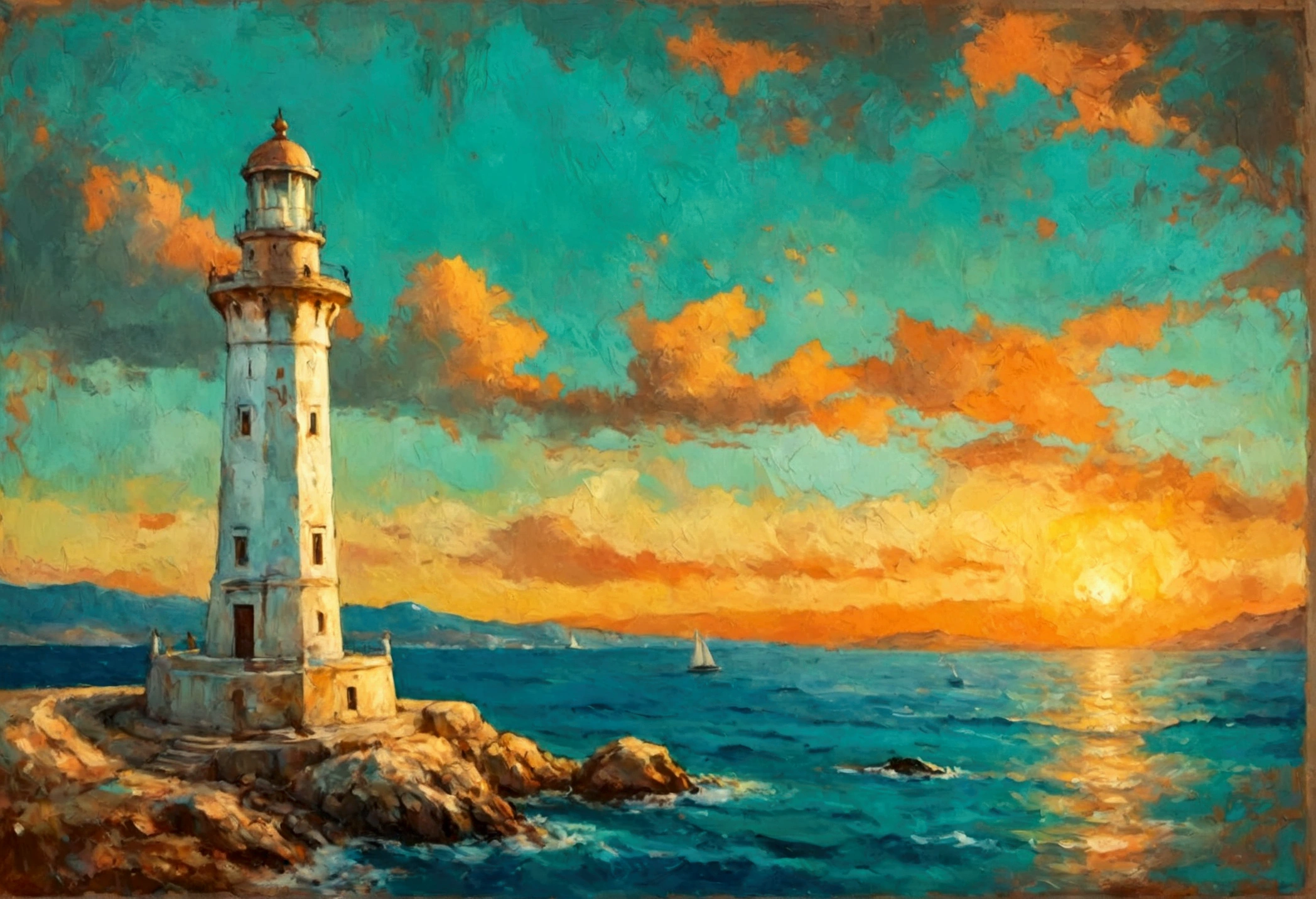 a thick textured oil painting, impasto brushstrokes, dry brushing,revealing underlayers, breathtaking composition, Create an art deco inspired illustration of A scenic lighthouse Chania Lighthouse (Greece), overlooking the turquoise waters of sunset. Include vibrant pastel colors, sleek lines, and a retro summer atmosphere. The style should be reminiscent of vintage travel posters with a modern twist, breathtaking composition, wall art decor, Chania Lighthouse (Greece), Chania Lighthouse (Greece)