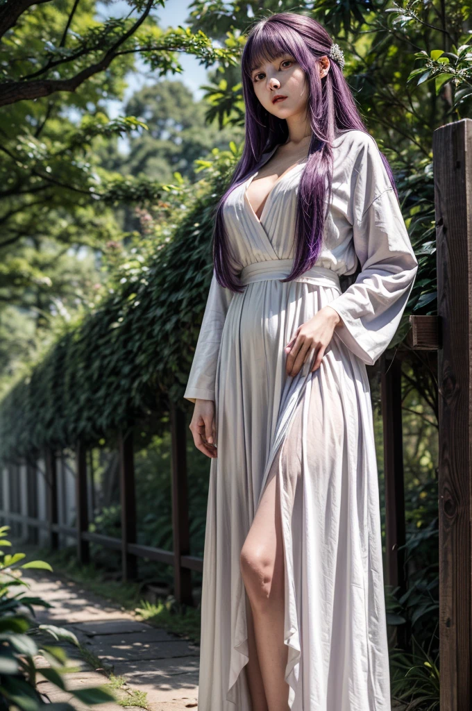 masterpiece, Highest quality, Absurd, Perfect Anatomy, One girl, alone, Fernfrielen, Very long hair, Purple eyes, (Purple Eyes), White Dress, Black Robe, Large Breasts, Outdoor, forest, Standing with hands on hips
