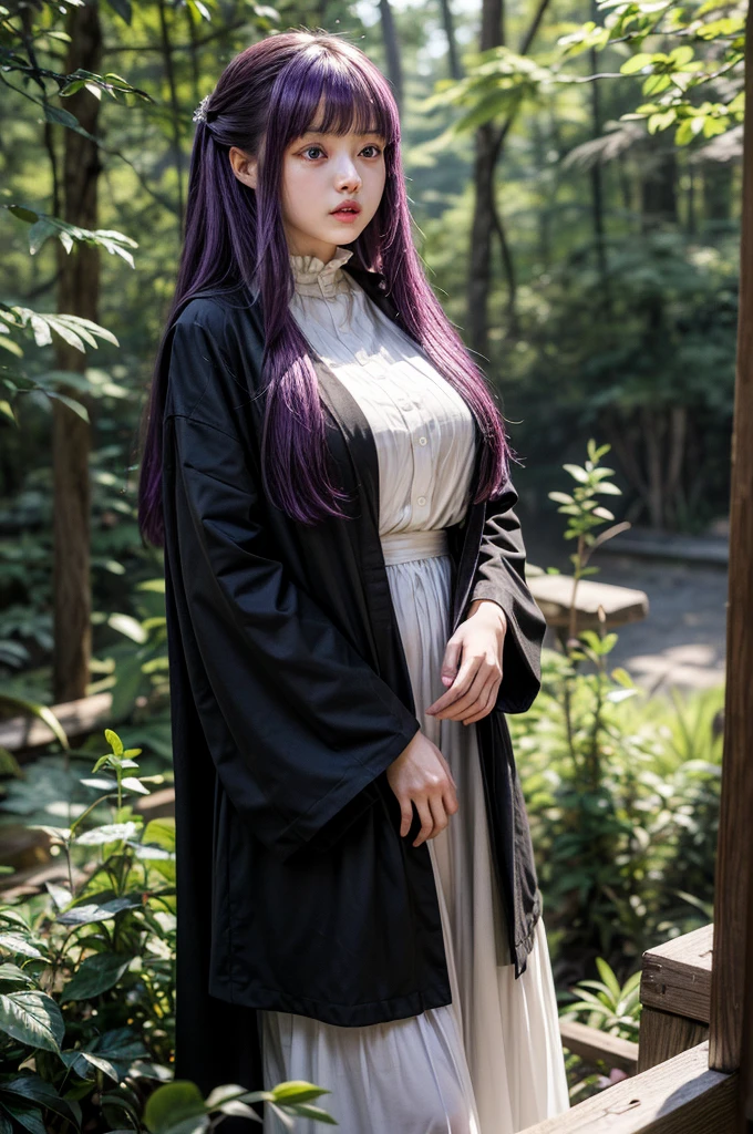 masterpiece, Highest quality, Absurd, Perfect Anatomy, One girl, alone, Fernfrielen, Very long hair, Purple eyes, (Purple Eyes), White Dress, Black Robe, Large Breasts, Outdoor, forest, Standing with hands on hips
