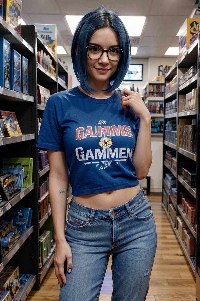 A full-body image of a slim woman with glasses, dyed blue hair, and an excited demeanor. She is dressed in a fan t-shirt and jeans, shopping in a gaming merchandise store. She holds a collectible figurine, with shelves of gaming merch in the background.