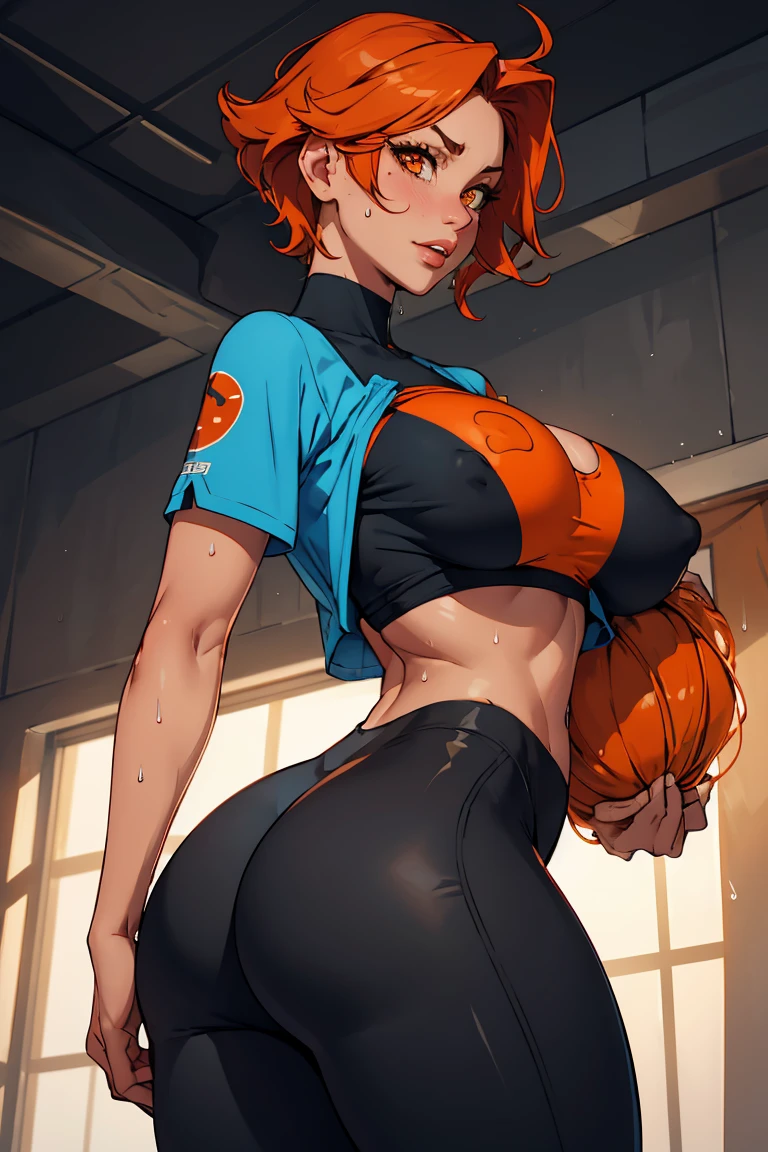 milf, 1girl, large breasts, gigantic breasts, huge breasts, heavy breasts, short hair, orange hair, light skinned female, orange eyes, large ass, Curvilinear waist, looking at the viewer, flushed face, full breasts, breasts larger than head, curvy female, curvilinear waist, mature female, mature face, sweaty, sweat drops, Tight leggings, small crop top, full lips, seductive, nipple outline, long protruding nipples, high deatiled face, covered nipples, front view, tits under shirt, underboob,