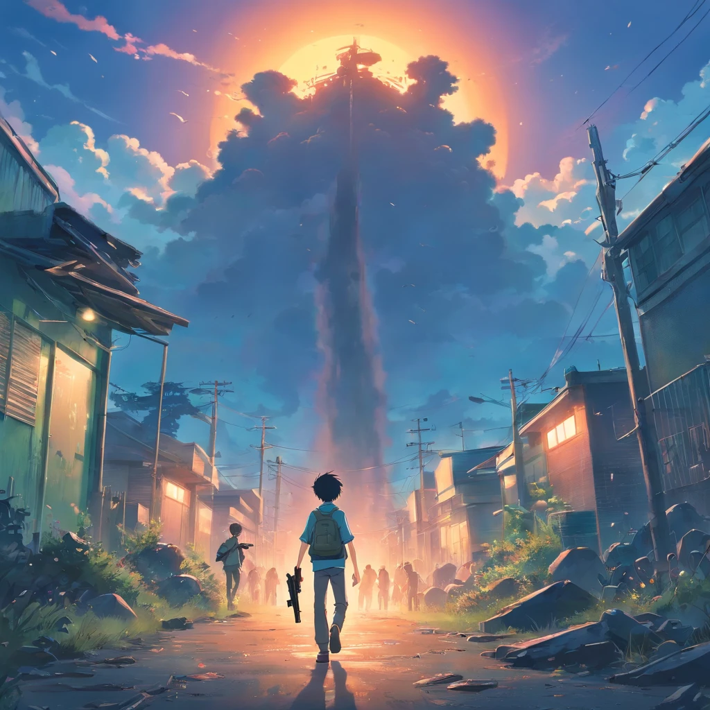 A boy walking to the horizon with a gun in one hand heading towards a herd of zombies in an apocalyptic environment.