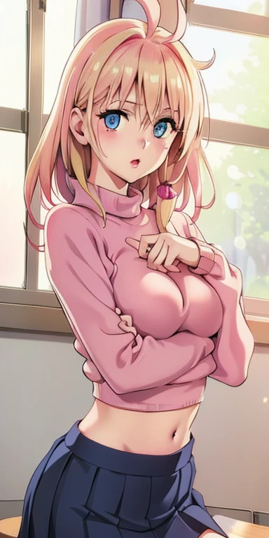 High resolution, Very detailed, perfect lighting, beautiful detailed eyes,   ((masterpiece,Best Quality)), absurdities, alone,     princess zelda, by the width, crown braid, Hair clip, pointy ears, pink shirt, long sleeves, Gloves without fingers, black gloves, smile, curves, nod,   ,  deep neckline, deep neckline, bare breasts, bare breasts, NSFW, visible nipples, visible nipples, view from behind, view from behind, big butt, big butt, sitting, pink thong with lace