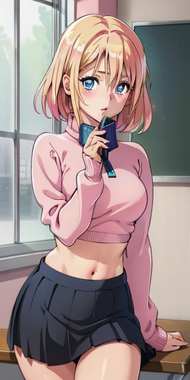 Ultra-realistic, One girl, Blonde pink hair, blue eyes, Glowing Eyes, sweater crop top, classroom, skirt, Lips parted, blush, Tinted Windows