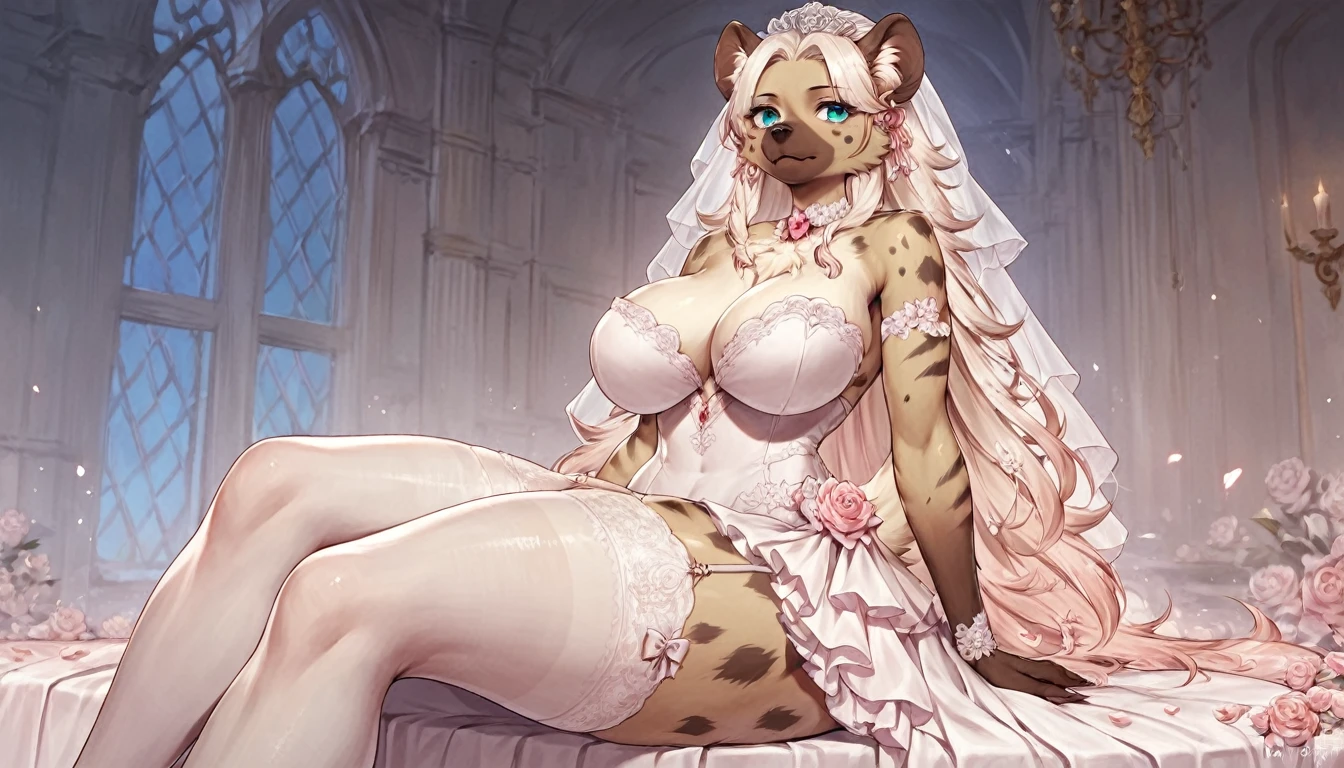 score_9, score_8_up, score_7_up, score_6_up, score_5_up, score_4_up, (solo), female anthro hyena, bride dress, lusty, fluffy body, long blond hair, turquoise eyes, sitting, (thick thighs:1.5) (she is sitting) garter belt tights, big breasts, from the back, backsite, from back