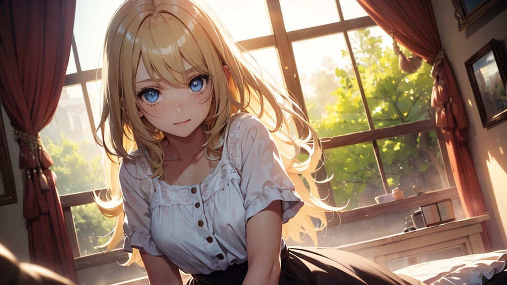 ((masterpiece,best quality,ultra detailed,ultra high res)), soft realistic focus, Perfect Eyes, dynamic shadows, realistic image, vibrant colors,light leaks,dreamy atmosphere,chiaroscuro,BREAK
experimental charm, The girl is depicted in full growth, girl 10 years old, thin and tall, you see the girl from head to toe, nostalgic appeal, country girlfriend, she take you with yourself, skirt and short blouse, soft mischievous smile, freckles, blonde hair, slightly leaning forward, flashback of memories, blonde, holding your hand