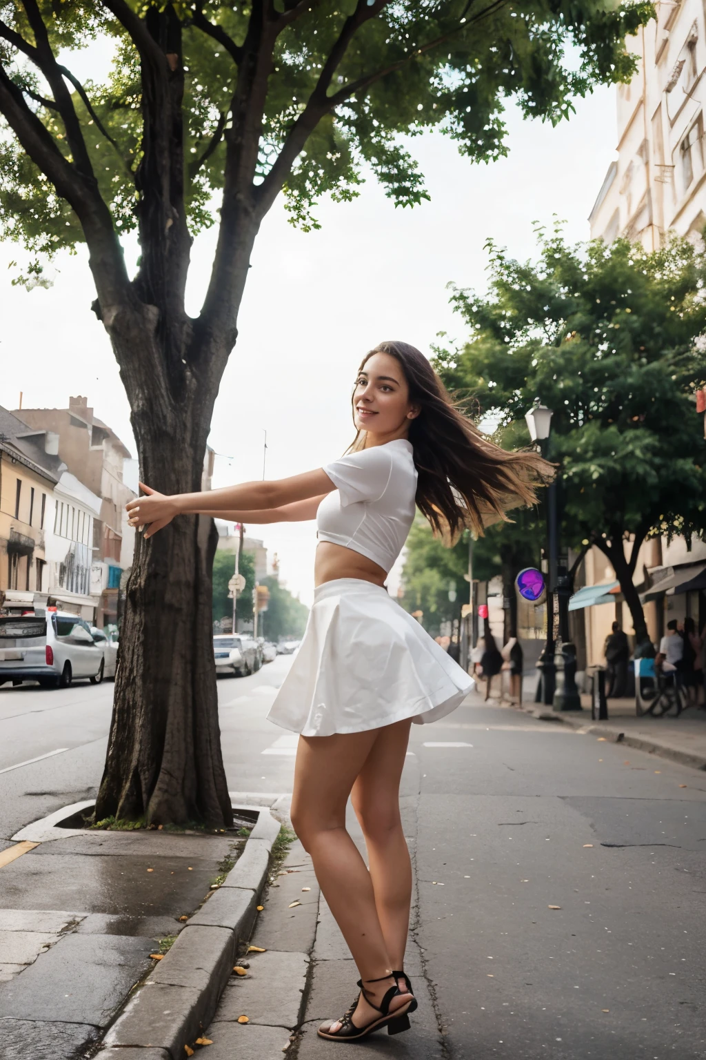 Girl dancing on the street near a big tree